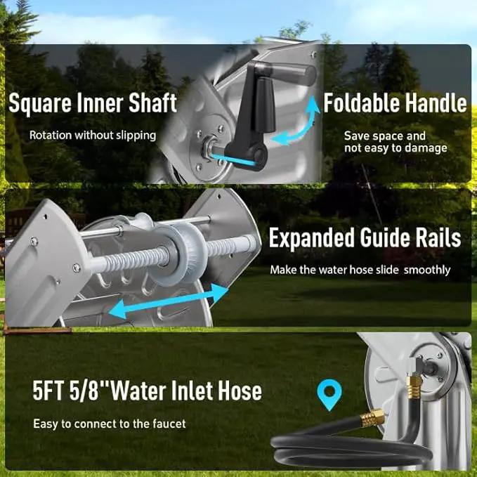 GREENER Stainless Steel Hose Reel for Outside,Wall Mount Garden Hose Holder Heavy Duty Metal Reel, 3/4" Solid Connector with 5/8" Inlet Hose and Crank,100-Feet 5/8" Hose Capacity by GreenHaven Gardens