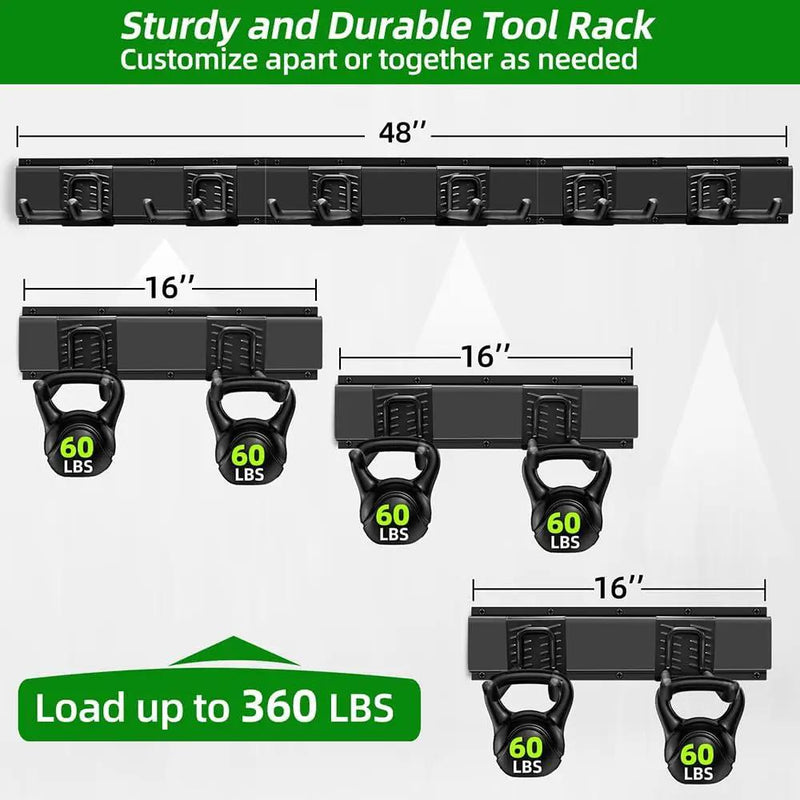Garage Organization, Garage Wall Organizer with 48 inches Rails and 6 Hooks, Tool Organizers Heavy Duty, Shovel Holder Wall Mount Max Load 360 LBS, Sturdy Garden Tool Rack for Folding Chairs by GreenHaven Gardens