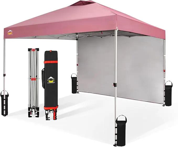 CROWN SHADES 10x10 Pop Up Canopy with 1 Side Wall - Beach Tent with One Push Setup - Outdoor Sun Shade for Events, Parties, Camping - Gazebo with STO-N-Go Cover Bag (Pink) by GreenHaven Gardens