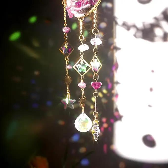 Amethyst Crystals Suncatcher - Hanging Moon Sun Catcher with Glass Prisms for Windows, Healing Amethyst Crystal Decor for Home, Gift for Christmas Birthday Valentine Mothers Day by GreenHaven Gardens