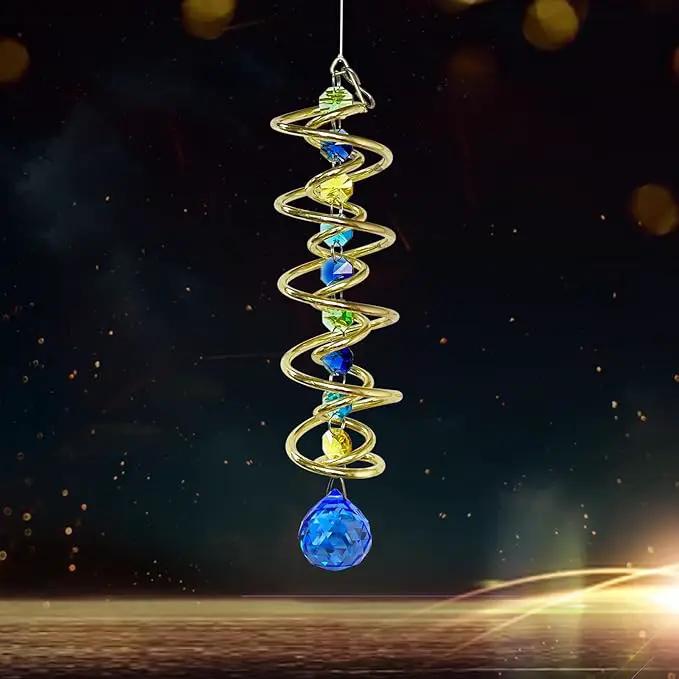 FONMY Gazing Ball Spiral Tail -Decorative Wind Spinner Sun Catcher Rainbow Maker Golden Double-Spiral W/Sea Blue Crystal Ball and Chain Crystals Beads for Indoor Outdoor Garden Decoration -14 inch H by GreenHaven Gardens