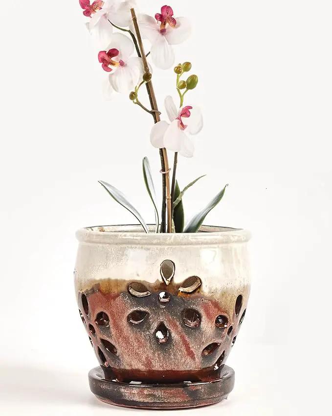 vensovo 5 Inch Ceramic Orchid Pots with Holes and Saucers - 1 Pcs Small Succulent Pot for Repotting, Garden Flowerpots for Plants Indoor and Outdoor Promotes Air Circulation, Brown Mixed by GreenHaven Gardens