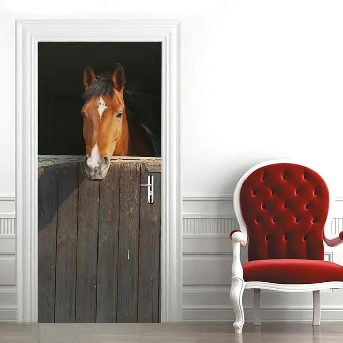 Horse 3D Door Stickers Murals - Peel & Stick - Waterproof & Washable - Matt Finish - Rustic Style - Animal Pattern - Adults - Wall & Door - 37.4" x 84.6" by GreenHaven Gardens