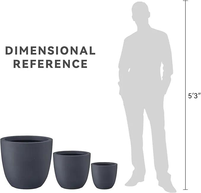Kante 18",14",10" Dia Concrete Round Planters (Set of 3), Outdoor Indoor Large Planter Pots with Drainage Hole and Rubber Plug for Home Patio Garden, Charcoal by GreenHaven Gardens
