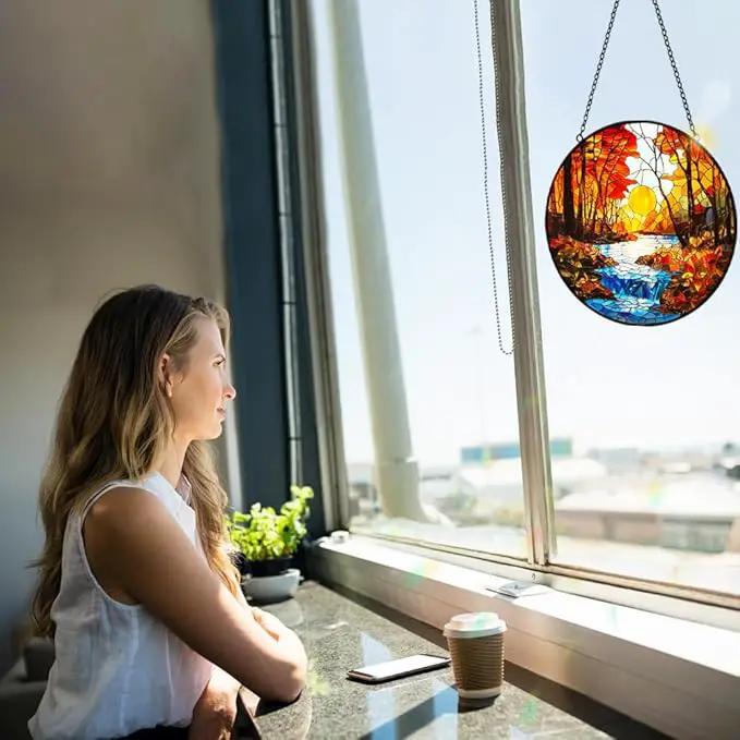 Sunset Suncatcher Stained Glass Window Hanging - Sun Catchers Indoor Window Decorations with Tree and River - Sunset Scenery Window hangings with Hooks - Valentines Day Gifts for Him Her Women Men by GreenHaven Gardens