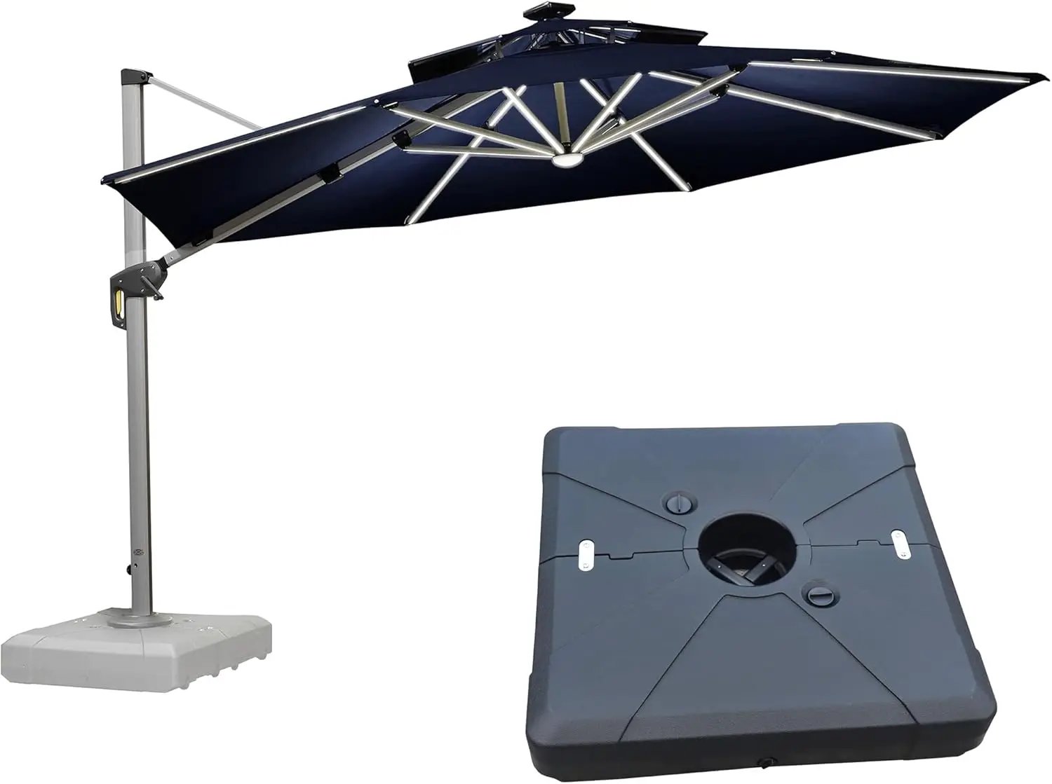 PURPLE LEAF 12ft Patio Umbrella With Base Solar powered LED Cantilever Umbrella with LED lights Windproof Outdoor Offset Umbrella for Garden Deck Pool Patio, Navy Blue by GreenHaven Gardens
