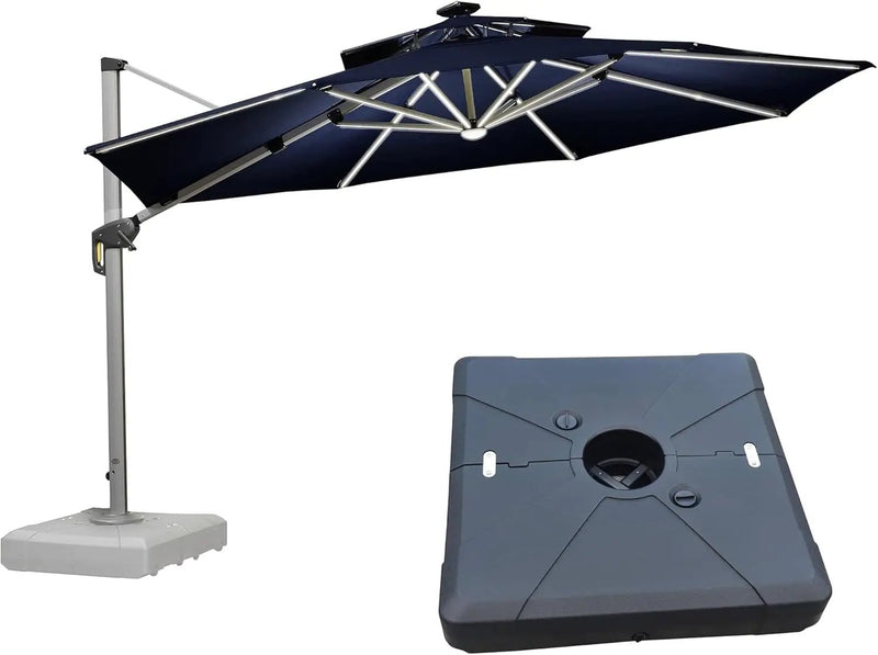 PURPLE LEAF 12ft Patio Umbrella With Base Solar powered LED Cantilever Umbrella with LED lights Windproof Outdoor Offset Umbrella for Garden Deck Pool Patio, Navy Blue by GreenHaven Gardens