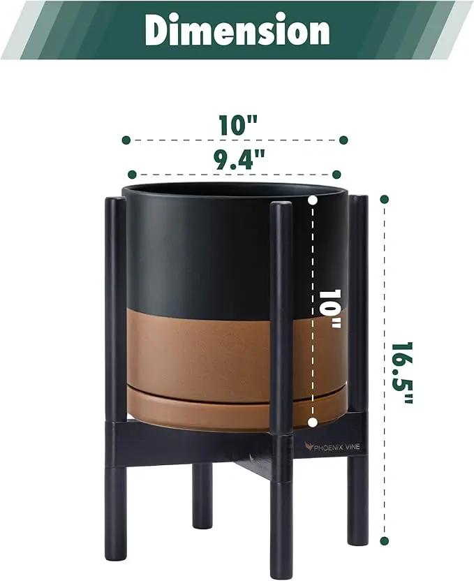 D'vine Dev Ceramic Planter with Ebony Stand - 10 Inch Modern Round Flower Pot with Wood Planter Holder, Black/Speckled Tan, 55-B-L-7 by GreenHaven Gardens