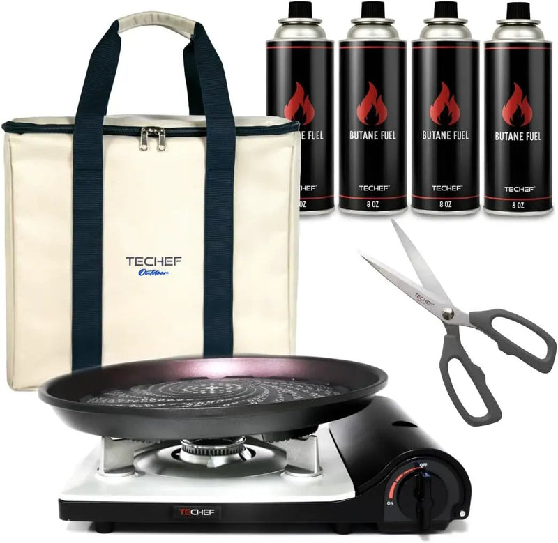 TECHEF - KBBQ Ultimate Set with Korean BBQ Grill Pan, Agni Portable Gas Stove Burner, Carrying Bag, 4 pack Butane Gas, Scissors, Made in Korea by GreenHaven Gardens