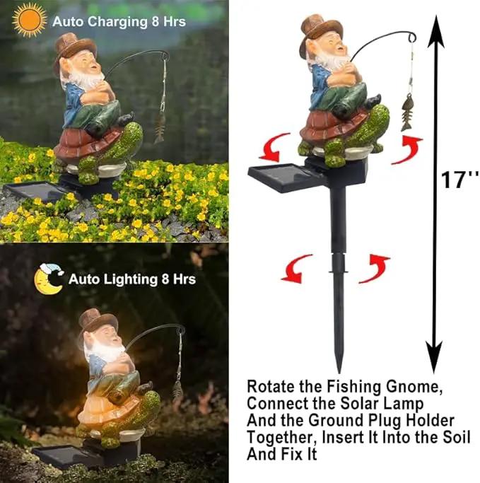 Garden Gnome Turtle solar LED Pond Statue Decoration, Fishing Gnome Turtle Garden Statue Outdoor Koi Pond or Waterfall or lawn Decor,5.3" Gnome turtle Fishing Poolside Statue contains ground insertion by GreenHaven Gardens
