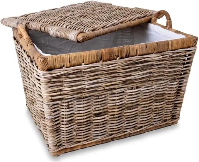 The Basket Lady Lift-Off Lid Wicker Storage Basket, Medium, 20 in L x 15 in W x 14 in H, Serene Grey… by GreenHaven Gardens