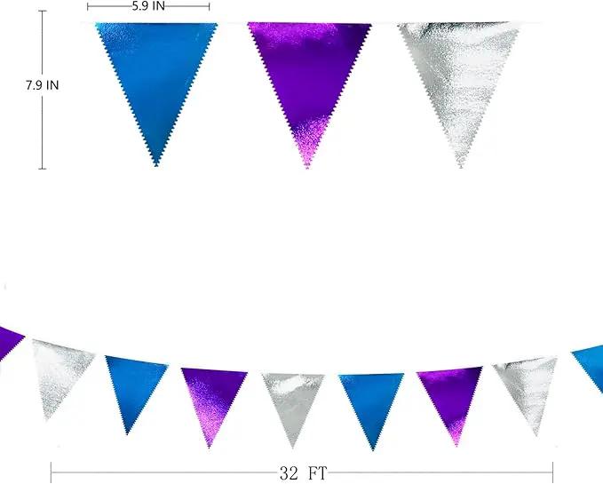 Frozen Party Decoration Purple Blue Silver Metallic Fabric Triangle Pennant Banner Flag Bunting Garland for Frozen Winter Wonderland Christmas Birthday Wedding Baby Shower Bridal Shower Party Supplies by GreenHaven Gardens