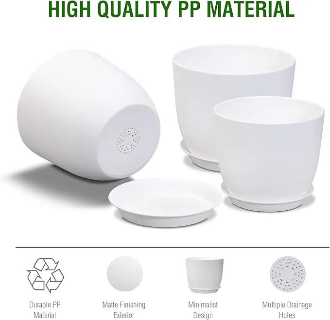 9/8/7.5 inch Flower Pots, Set of 3 Modern Decorative Plastic Planters with Drainage Holes and Saucers, Plant Pots for Indoor Outdoor Plants, White by GreenHaven Gardens