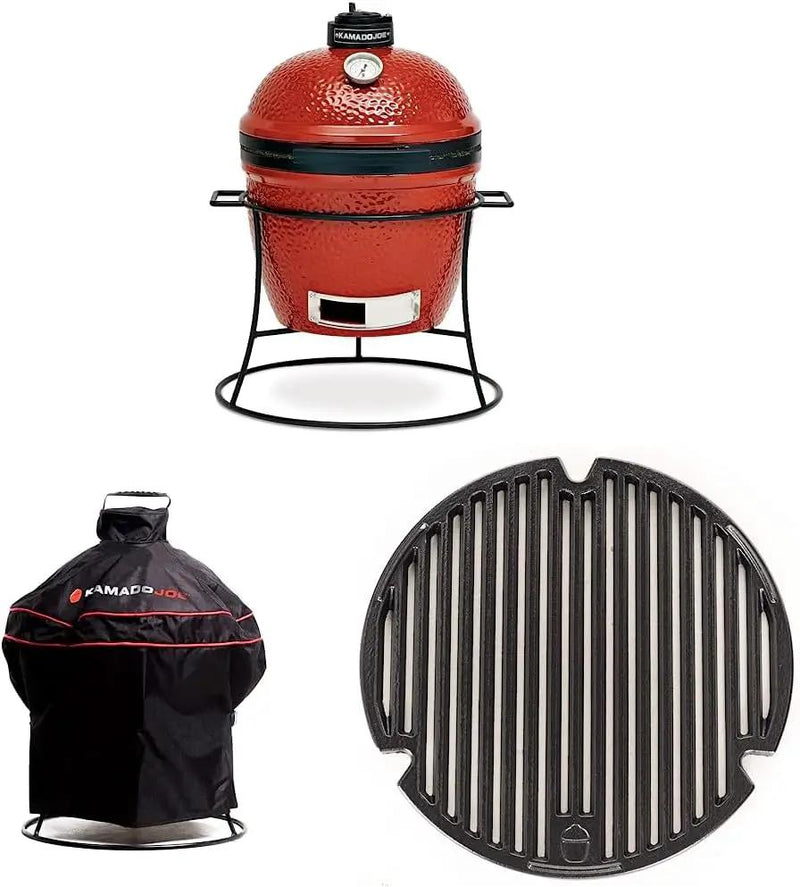 Kamado Joe KJ13RH 13.5 inch Portable Charcoal Grill, Blaze Red - Includes KJ15080420 Grill Cover, Black & Cast Iron Sear Plate (KJ15090620) for Classic Joe and Joe Jr Grills by GreenHaven Gardens