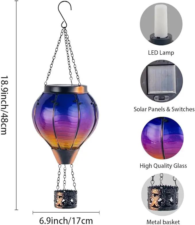 Starsoul 2 PC Starsoul 2 PC Glass Solar Hot Air Balloon Flickering Flame Hanging Garden Light Purple Waterproof Hot Air Balloon Solar Lantern with Large Basket by GreenHaven Gardens