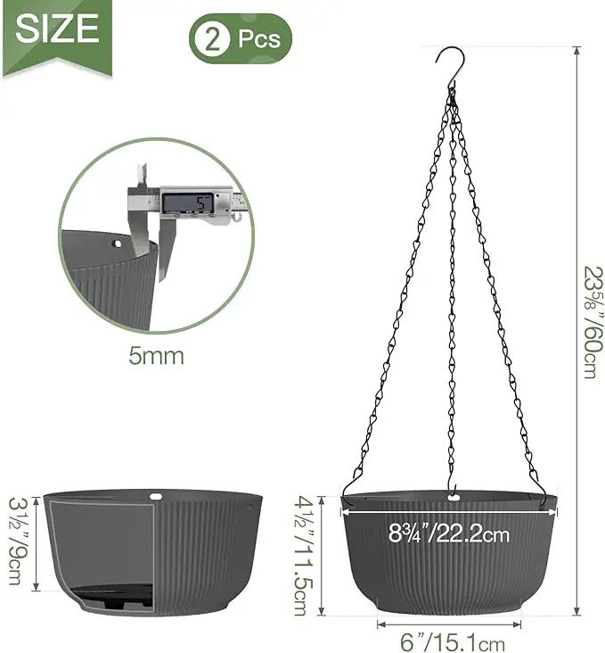 T4U 8 Inch Hanging Planters for Indoor Outdoor Plants, Self Watering Hanging Pot Pack of 2, Hanging Pots with Drainage Hole & Plug & Chain with 3 Hooks for Garden Home Decor, Grey by GreenHaven Gardens