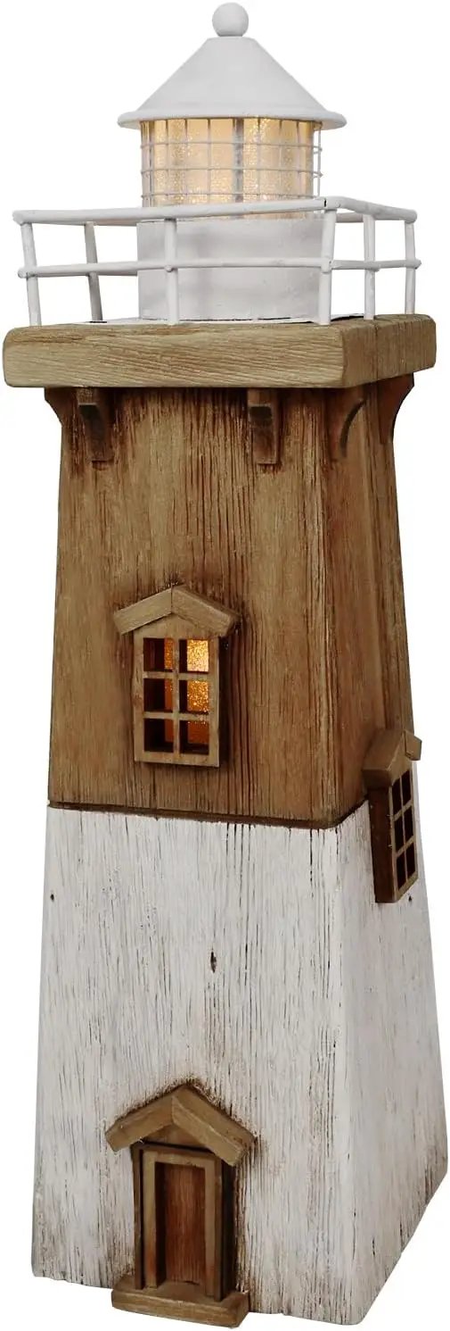Wooden Lighthouse Decor with Light, Decorative Nautical Lighthouse Rustic Ocean Sea Beach Themed Lighthouse Decoration, Handcrafted Tabletop Nautical Themed Home Decor Bathroom Decor (13.78“H) by GreenHaven Gardens