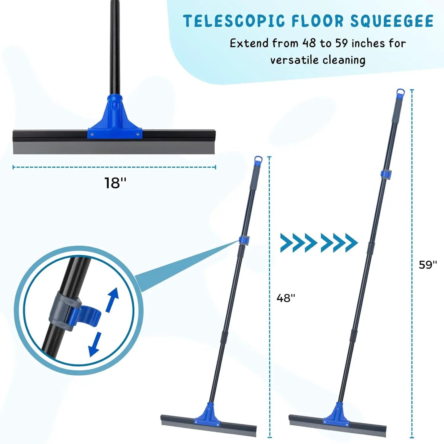 Floor Squeegee with Telescopic Long Handle 59'', Heavy Duty 18" Rubber Wiper Broom for Concrete, Bathroom Tile, Garage, Deck by GreenHaven Gardens