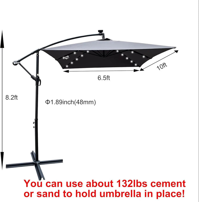 10x6.5FT Patio Umbrella, Outdoor Offset Umbrella with Cross Base and Crank, Rectangular Cantilever Umbrella with Solar Lights, Hanging Market Umbrella with 6 Rids for Pool, Deck, Backyard (Anthracite) by GreenHaven Gardens