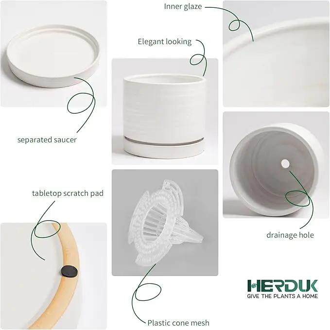 8 Inch Pots for Plants, Ceramic Planter Pot with Drainage Hole & Saucer, Indoor/Outdoor Cylinder Round Planter Pot, Matte White by GreenHaven Gardens