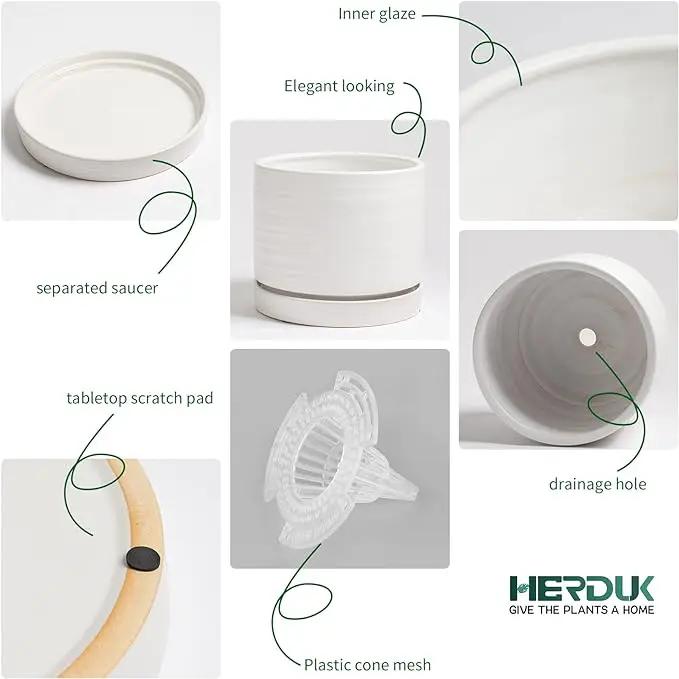 6 + 8 Inch Plant Pots, Ceramic Planter Pot with Drainage Hole & Saucer, Indoor/Outdoor Cylinder Round Planter Pot, Matte White by GreenHaven Gardens