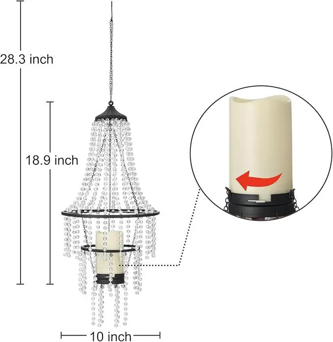 Hanging Candle Chandelier Outdoor, Battery Operated Clear Acrylic Beaded Chandelier with Flickering Led Candle Light S Hooks Modern Lantern for Garden Yard Patio Gazebo Room Indoor Decorations, 28”H by GreenHaven Gardens