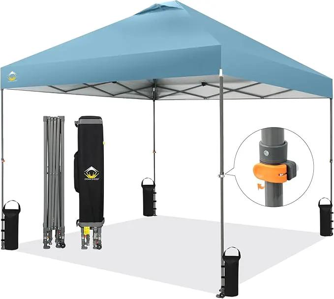 CROWN SHADES Adjustable Height on The Fly, 10x10 Pop Up Canopy - Beach Tent with One Push Setup - Easy Outdoor Sun Shade for Events, Parties, Camping - Outside Shade with STO-N-Go Bag, Cyan Blue by GreenHaven Gardens