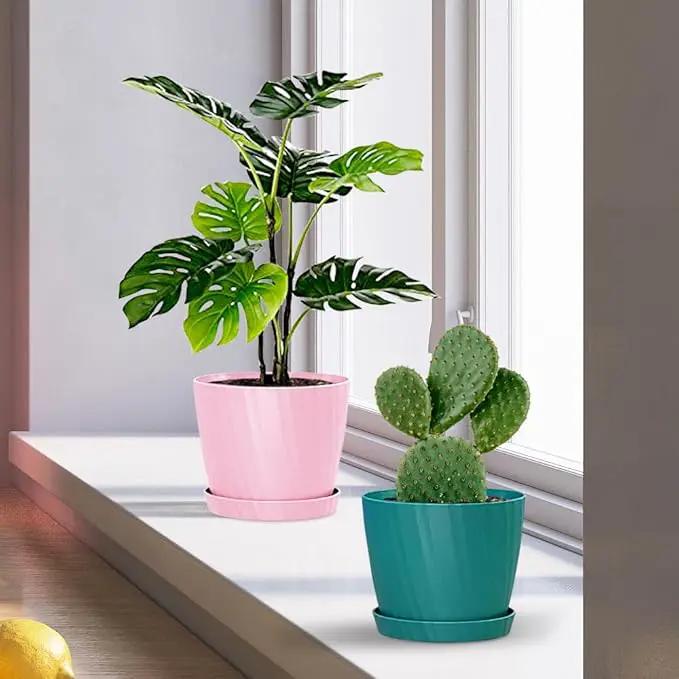 6 Inch Plant Pots Bulk, 6 Pack Plastic Planters with Drainage Holes and Saucers for Indoor Outdoor House Plants and Flowers, Colorful by GreenHaven Gardens