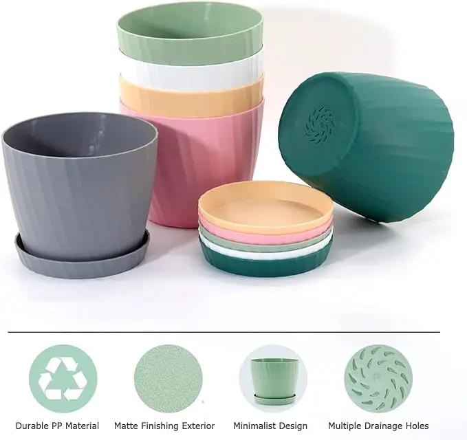 7 Inch Plant Pots Bulk, 6 Pack Plastic Planters with Drainage Holes and Saucers for Indoor Outdoor House Plants and Flowers, Colorful by GreenHaven Gardens