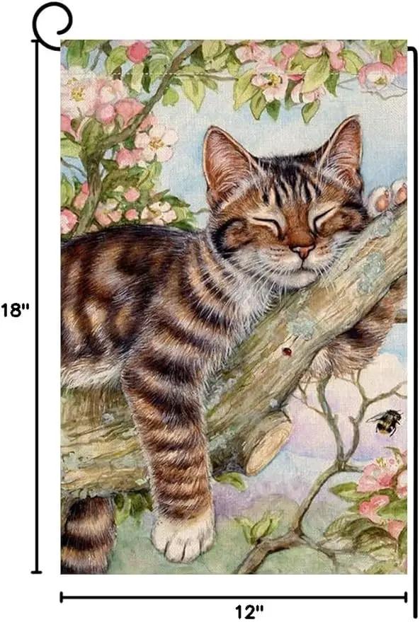 BLKWHT Spring Cat Garden Flag 12x18 Vertical Double Sided Pink Floral Farmhouse Holiday Outside Decorations Burlap Yard Flag BW573 by GreenHaven Gardens