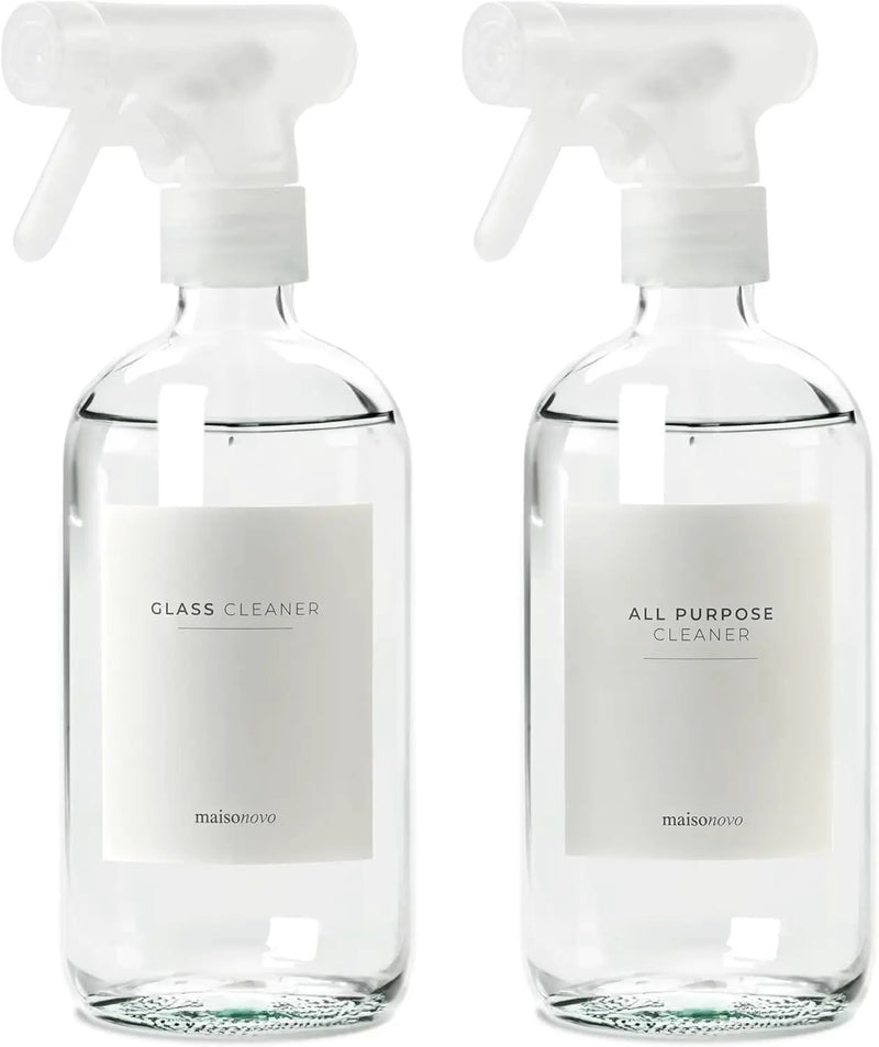 MaisoNovo Glass Spray Bottles for Cleaning - 16.9 fl oz Clear x 2 with 16 Labels by GreenHaven Gardens