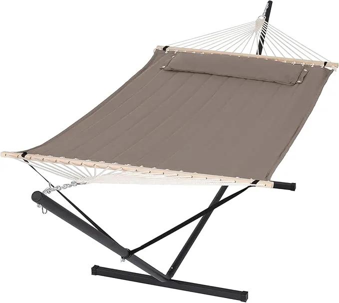 SUNCREAT 55 Inch Extra Large Double Hammock with 12 ft Stand, 475lbs Capacity, Outdoor Portable Hammock with Hardwood Spreader Bar, Extra Large Pillow, Brown by GreenHaven Gardens