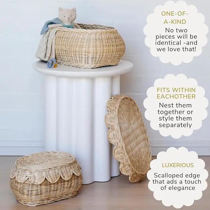 BEBE BASK The Original Scalloped Basket Set Of 2 – Small Scallop Basket - 15 x 10 x 6 In - Hand-Woven & Award-Winning - Elegant Wicker With Scalloped Edge Lid - Nursery Storage - (Natural) by GreenHaven Gardens