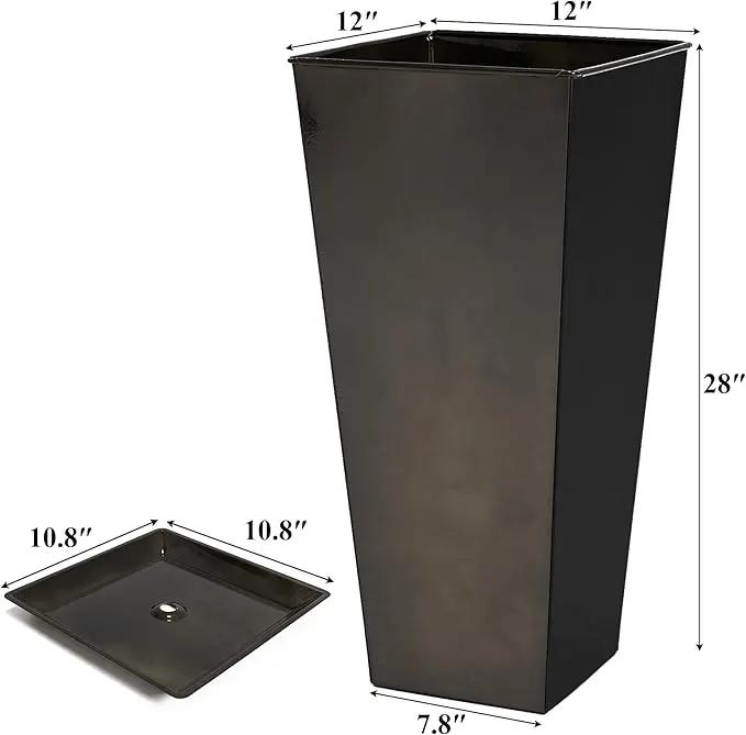 WORTH Garden 28" Large Metal Glazed Planter Set of 2, Luxurious Glossy Finish Black Tall Square Tapered Steel Plant Pots, Decor Flower Pot Indoor & Outdoor, Drainage Hole & Dual-Purpose Plant Saucer by GreenHaven Gardens