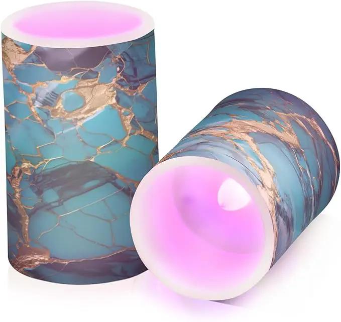 Flickering Flameless Candles, Turquoise Golden Marble LED Candles with Remote Timer, Set of 2 Battery Operated Candle for Valentine Wedding Birthday by GreenHaven Gardens