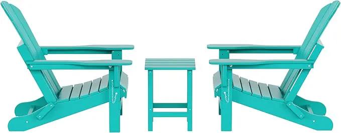 WO Home Furniture Adirondack Chairs Table Set of 3 PCS Outdoor Folding Chairs Side End Table Weather/UV Resistant for Lawn, Garden, Bon Fire, Balcony (Turquoise) by GreenHaven Gardens