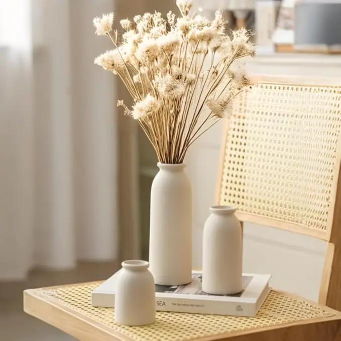 Ceramic Vase Set-3, Small Flower Vases for Decor, Modern Boho Farmhouse Style, Decorative Vases for Pampas Grass & Dried Flowers, Distressed Finish (Beige) by GreenHaven Gardens
