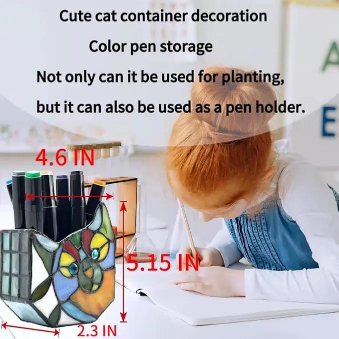 Tiffany Style Cute Cat Face Design Small Flower Pot, Unique Stained Glass Cat Planter, Tiltable Cat Decorative Flower Pot, Fun Peek-A-Boo Terrarium Decoration, Gift for Plant Women by GreenHaven Gardens