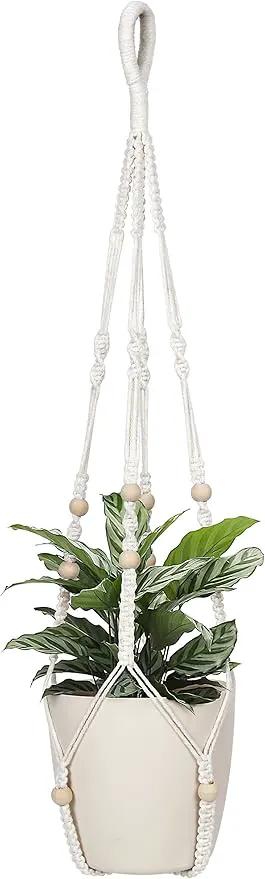 32inch Macrame Plant Holder,Indoor Hanging Planters with Wood Beads No Tassels Boho Home Decor (Ivory) by GreenHaven Gardens