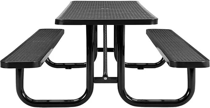 Global Industrial 8’L Rectangular Picnic Table, Expanded Metal, Black Thermoplastic Coating, Attached Benches, 1-1/2” Umbrella Pole Hole, Outdoor-Rated, 1000 lb Capacity, 96” x 30” Tabletop by GreenHaven Gardens