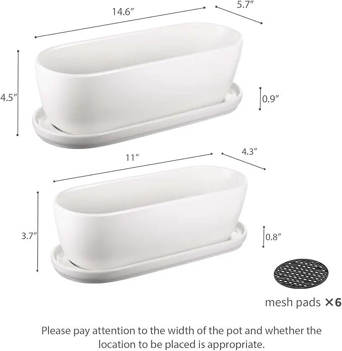 Ceramic Plant Pots, 11+14 inch, Set of 2, Planters with Drainage Holes Saucers and Mesh Pads, Indoor Flower Succulent Pot with Hole Mesh Pad, Gifts for Mom, Plants Not Included