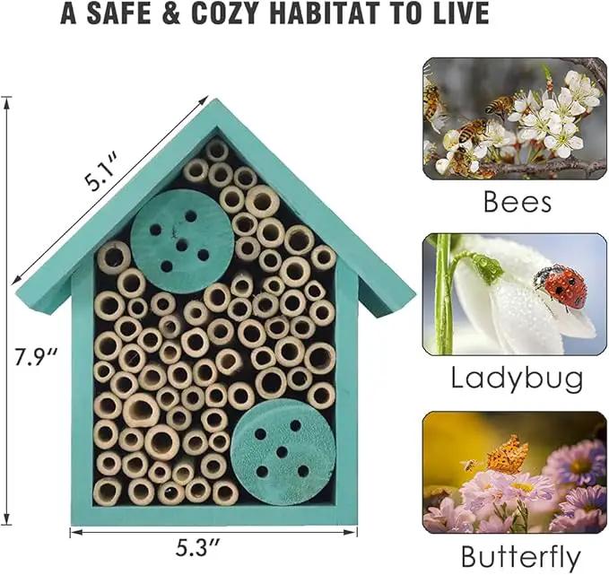 Mason Bee Houses Outdoor Wooden Blue Bee Hotel for Garden and Yard Hand-Made Bamboo Bee Hive for Bees Butterflies and Ladybugs, Medium Size 8"x7.5"x5" by GreenHaven Gardens