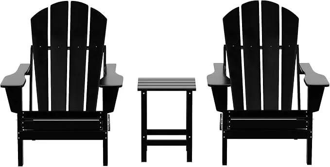 WO Home Furniture Adirondack Chairs Table Set of 3 PCS Outdoor Folding Chairs Side End Table Weather/UV Resistant for Lawn, Garden, Bon Fire, Balcony (Black) by GreenHaven Gardens