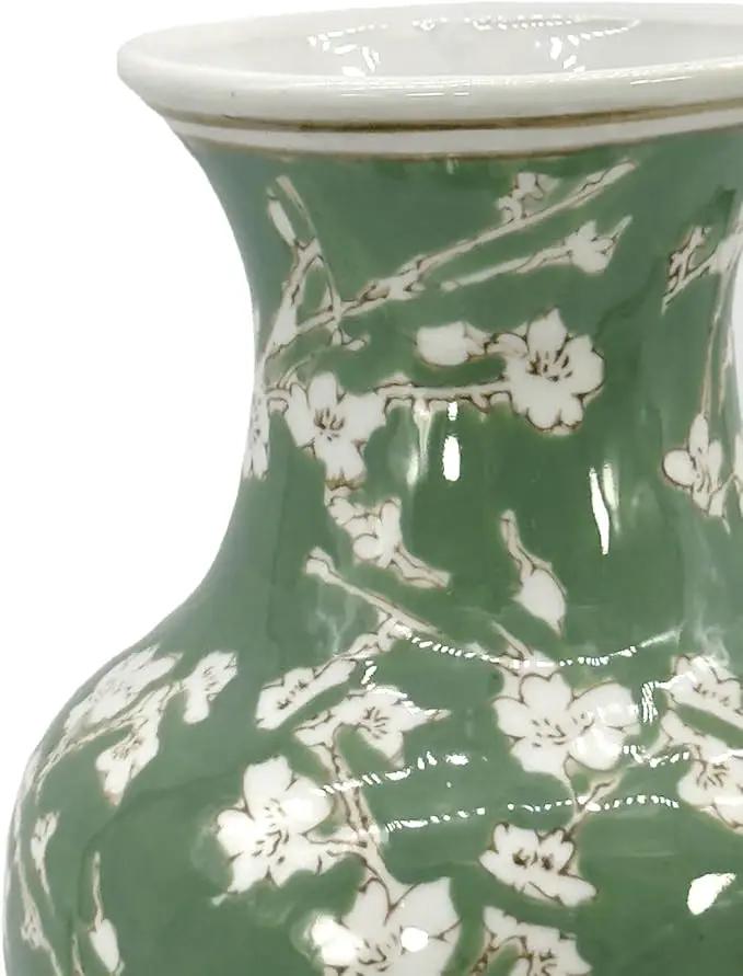 Galt International Floral Chinoiserie Ceramic Vase 14" - Green Sakura Hand Painted Antique Style Porcelain Flower Bottle Fishtail Porcelain Chinese Vase for Home Decor Centerpiece by GreenHaven Gardens