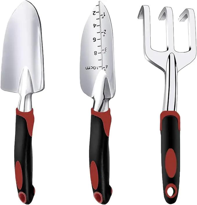 Garden Tool Set, 3 Piece Gardening Tools Includes Garden Trowel, Transplant Trowel and Hand Rake with Non-Slip Ergonomic Handle, Heavy Duty Garden Kit for Planting, Garden Gifts Red by GreenHaven Gardens