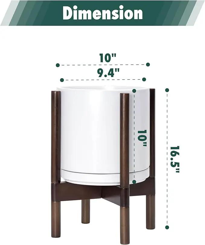 D'vine Dev Ceramic Planter with Walnut Color Stand - 10 Inch Modern Round Flower Pot with Wood Planter Holder, White, 55-B-X-1 by GreenHaven Gardens