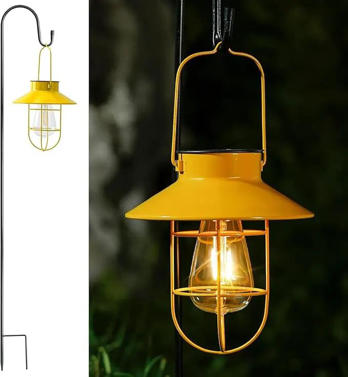 Solar Lights Lantern Lamp with Shepherd Hook, Solar Metal lanterns, outdoor lights decor, Water resistant Edison Bulb Lights for Garden ,outside decor for pathways,patio, lawn, or landscaping (Yellow) by GreenHaven Gardens