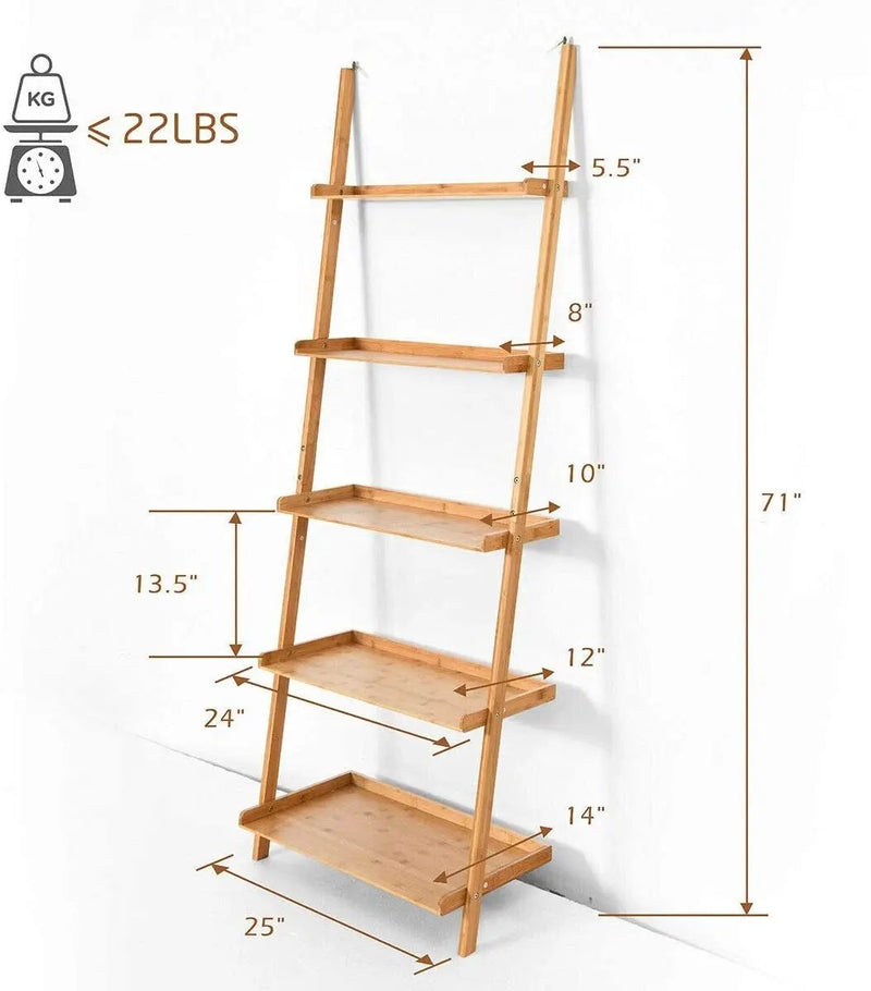 5-Tier Ladder Shelf Bamboo Bookshelf Wall-Leaning Storage Display Plant Stand-Natural by DirectDeals
