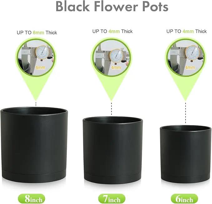 8/7/6 inch Plant Pots, 3 Set Cylinder Flower Pots for Outdoor Indoor Plants, Decorative Plastic Planters with Drainage Holes and Saucers for Garden House Plants, Black by GreenHaven Gardens