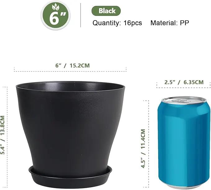 6 inch Plastic Nursery Pots, Seedling Pots, 16 Pack Plant Pots for Small Indoor Outdoor Plants, Flower Pots with Drainage Holes and Saucers, Decorative Planters for House Plants, Black by GreenHaven Gardens